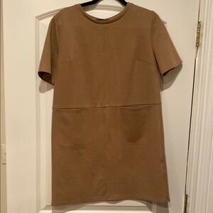 Zara Tan Mini Shirt Dress with Short Sleeves and Crew Neck